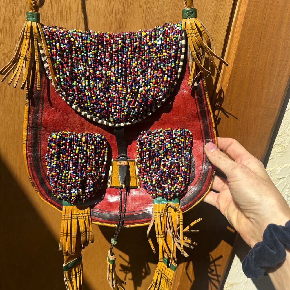 Multicolor Beaded Leather Shoulder Bag